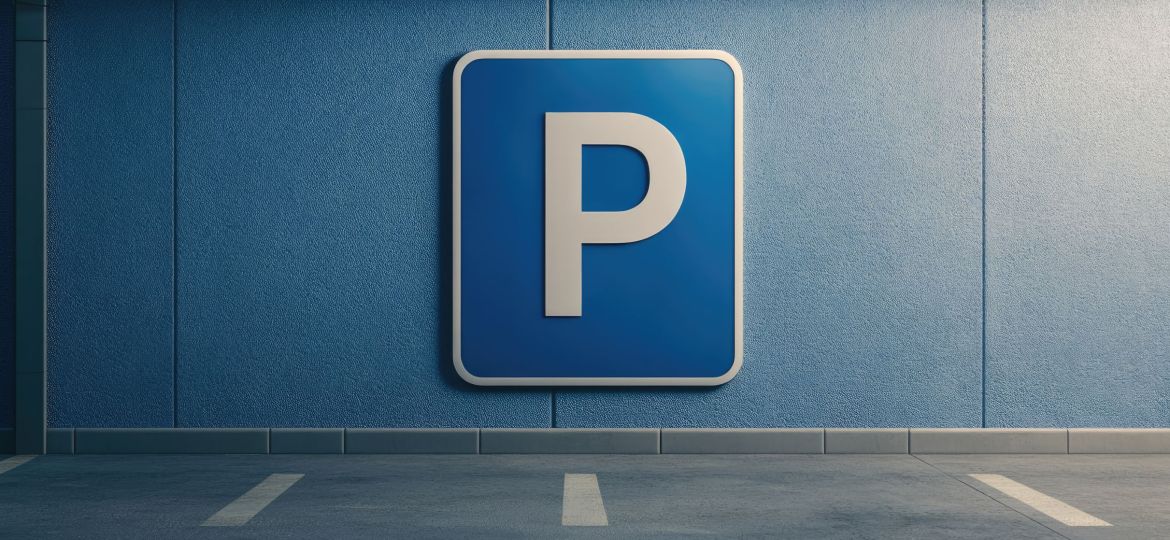 Isolated parking area sign featuring a large capital P on a blue square background