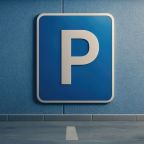 Isolated parking area sign featuring a large capital P on a blue square background