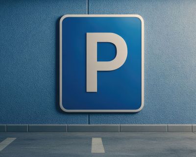 Isolated parking area sign featuring a large capital P on a blue square background