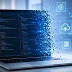 Laptop displaying coding script with glowing digital icons for cloud computing software development and cybersecurity technology.