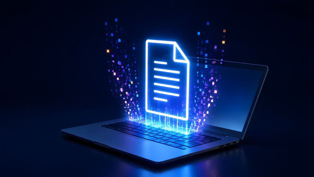 Glowing blue digital document icon floating above laptop keyboard for electronic file management and paperless office